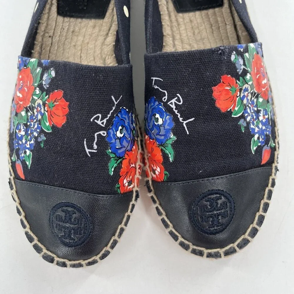Tory Burch NAVY TEA ROSE Classic Dot‎ FLAT ESPADRILLE Slip On Size 6.5